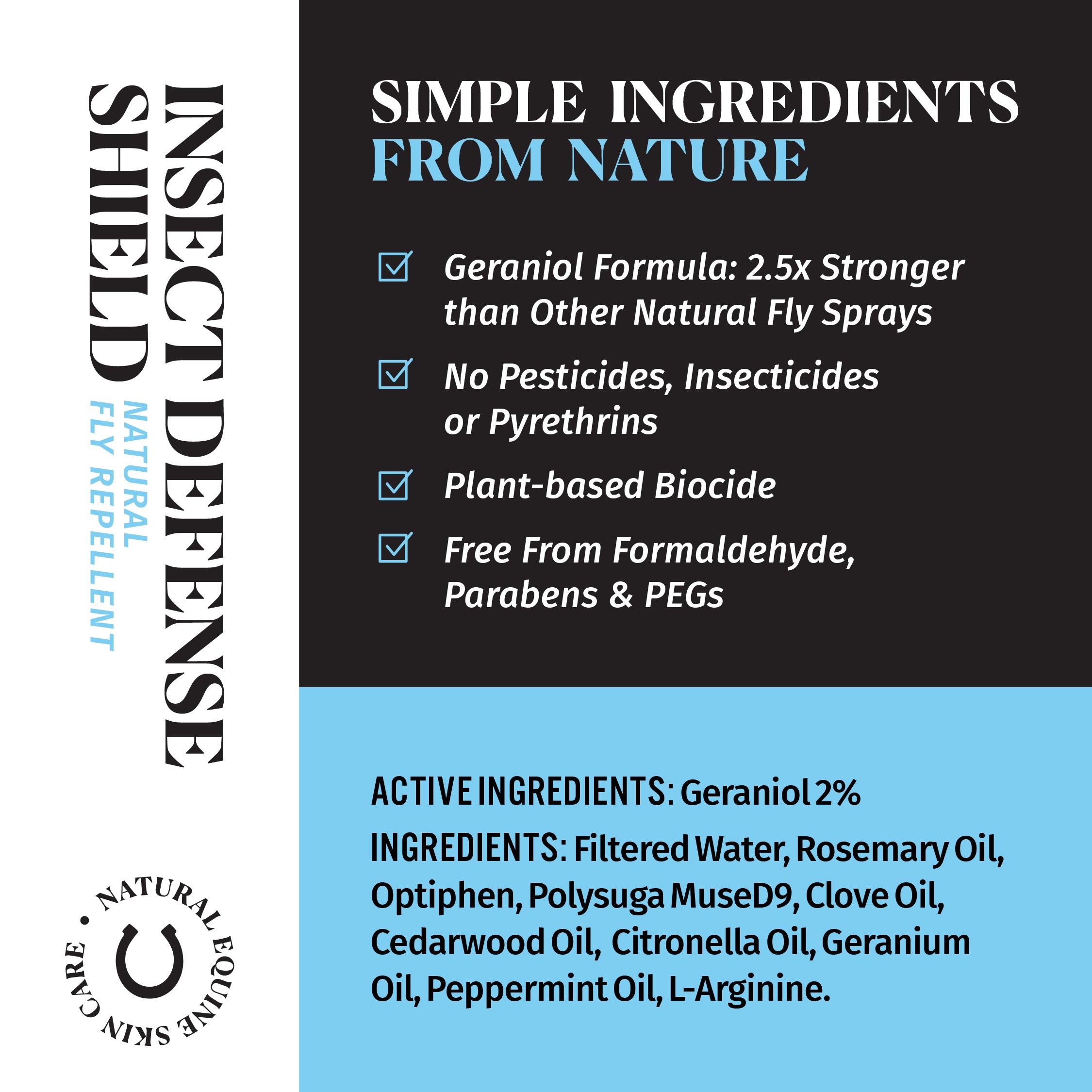 One spray bottle of Insect Defense Shield for Horses label detail